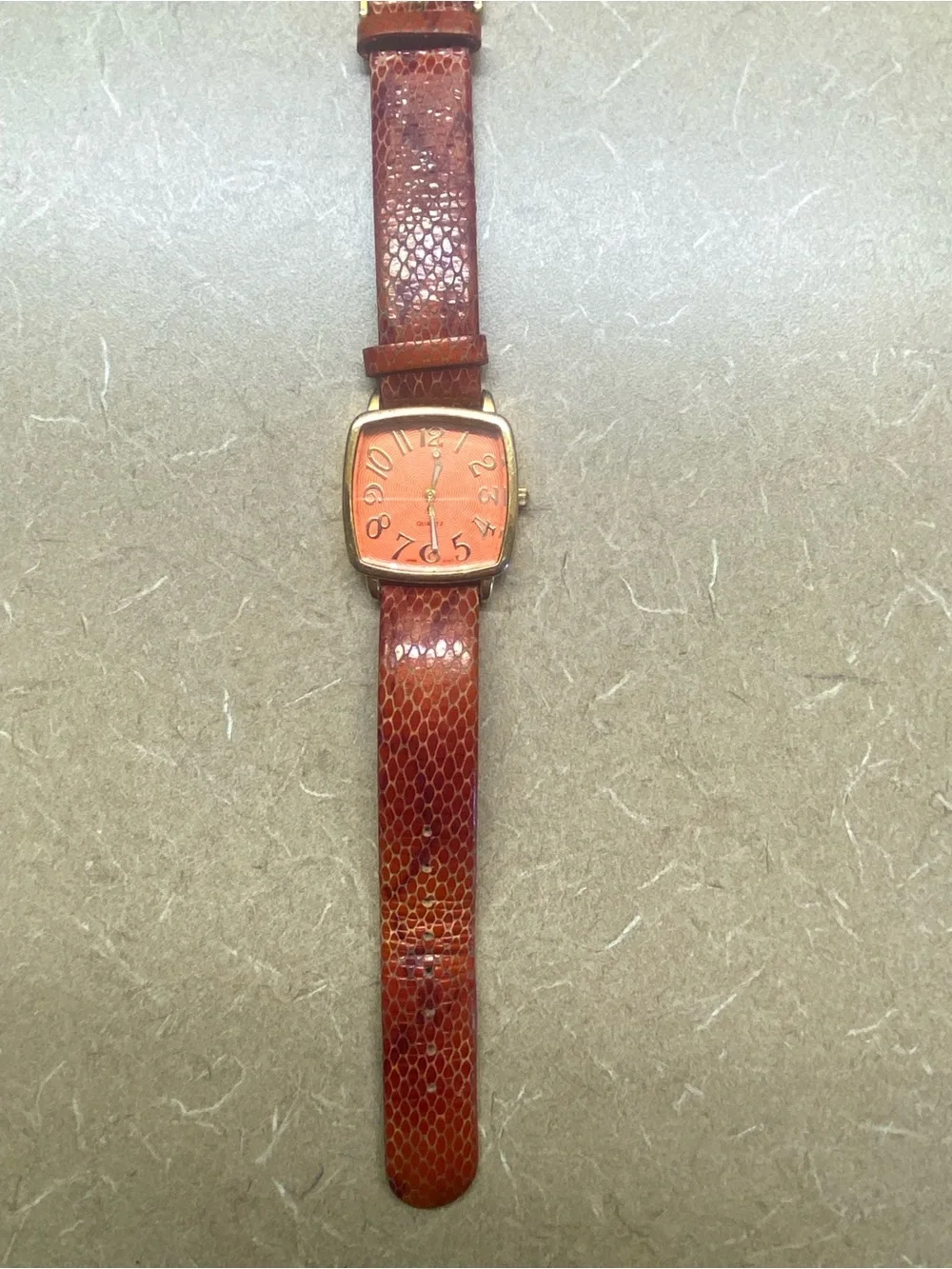 Orange Square Dial Watch with Textured Red-Orange Leather Strap